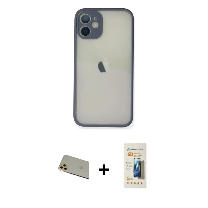 MARSİLYAN™- iPhone 11 Pro Max Kılıf Ahenk Çizgi Serisi - Siyah 6D Mat Seramik Hayalet Nano Ekran Koruyucu + Gold Rainbow Kamera Lens Koruma Cam