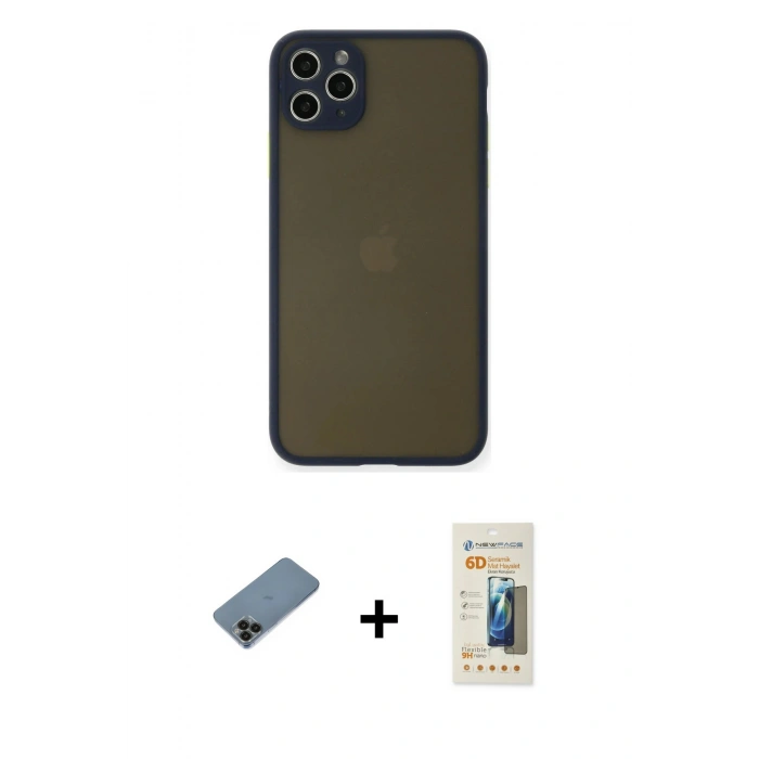 MARSİLYAN™- iPhone 11 Pro Max Kılıf Ahenk Çizgi Serisi - Siyah 6D Mat Seramik Hayalet Nano Ekran Koruyucu + Siyah Shine Kamera Lens Koruma Cam