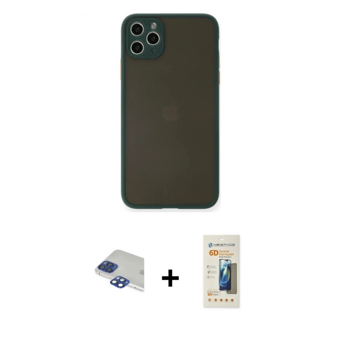 MARSİLYAN™- iPhone 11 Pro Max Kılıf Ahenk Çizgi Serisi - Siyah 6D Mat Seramik Hayalet Nano Ekran Koruyucu + Pers Alüminyum Kamera Lens - LT