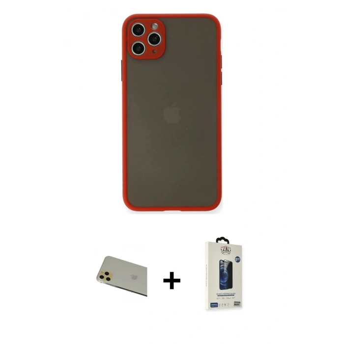 MARSİLYAN™- iPhone 11 Pro Max Kılıf Ahenk Çizgi Serisi - Siyah Bilvis Hayalet Cam Ekran Koruyucu + Rainbow Kamera Lens Koruma Cam - GD