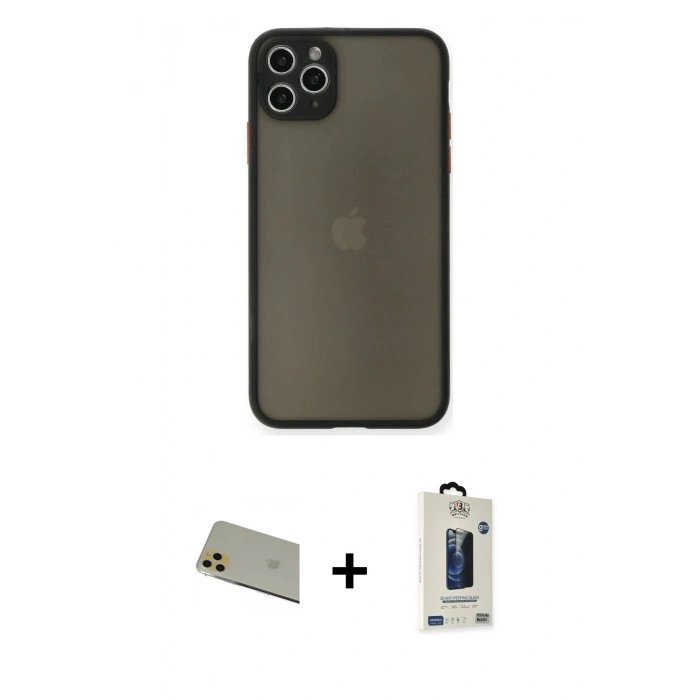 MARSİLYAN™- iPhone 11 Pro Max Kılıf Ahenk Çizgi Serisi - Siyah Bilvis Hayalet Cam Ekran Koruyucu + Rainbow Kamera Lens Koruma Cam - GD