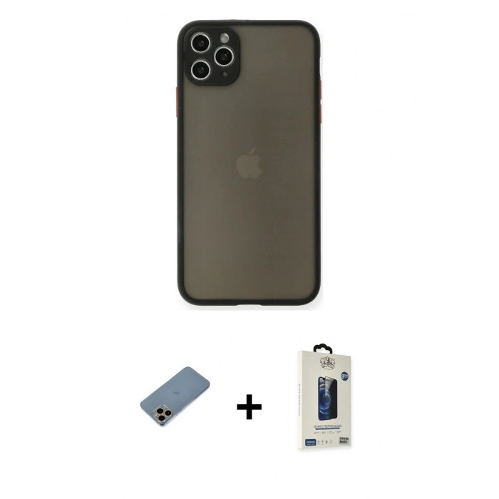MARSİLYAN™- iPhone 11 Pro Max Kılıf Ahenk Çizgi Serisi - Siyah Bilvis Hayalet Cam Ekran Koruyucu + Shine Kamera Lens Koruma Cam - GD