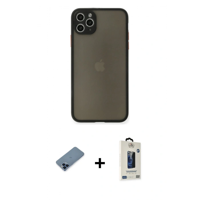 MARSİLYAN™- iPhone 11 Pro Max Kılıf Ahenk Çizgi Serisi - Siyah Bilvis Hayalet Cam Ekran Koruyucu + Metal Kamera Lens Koruma Cam - MI