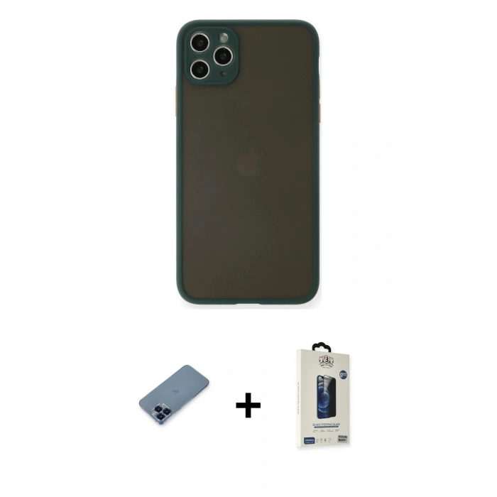 MARSİLYAN™- iPhone 11 Pro Max Kılıf Ahenk Çizgi Serisi - Siyah Bilvis Hayalet Cam Ekran Koruyucu + Metal Kamera Lens Koruma Cam - MI