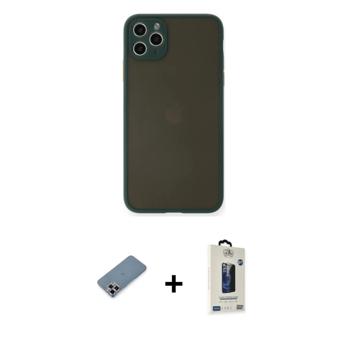 MARSİLYAN™- iPhone 11 Pro Max Kılıf Ahenk Çizgi Serisi - Siyah Bilvis Hayalet Cam Ekran Koruyucu + Metal Kamera Lens Koruma Cam - MR