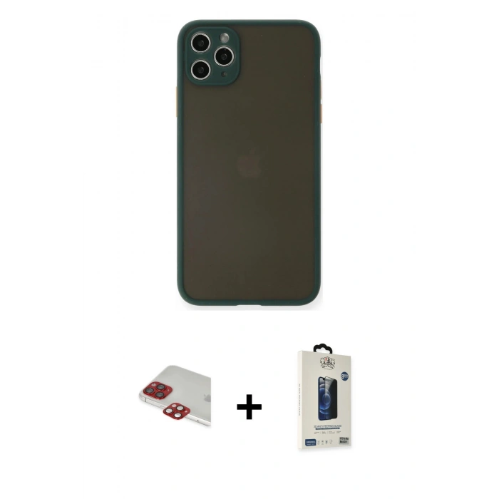 MARSİLYAN™- iPhone 11 Pro Max Kılıf Ahenk Çizgi Serisi - Siyah Bilvis Hayalet Cam Ekran Koruyucu + Pers Alüminyum Kamera Lens - KI