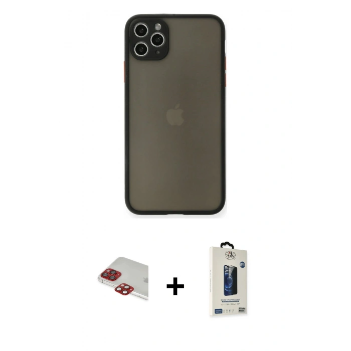 MARSİLYAN™- iPhone 11 Pro Max Kılıf Ahenk Çizgi Serisi - Siyah Bilvis Hayalet Cam Ekran Koruyucu + Pers Alüminyum Kamera Lens - KI