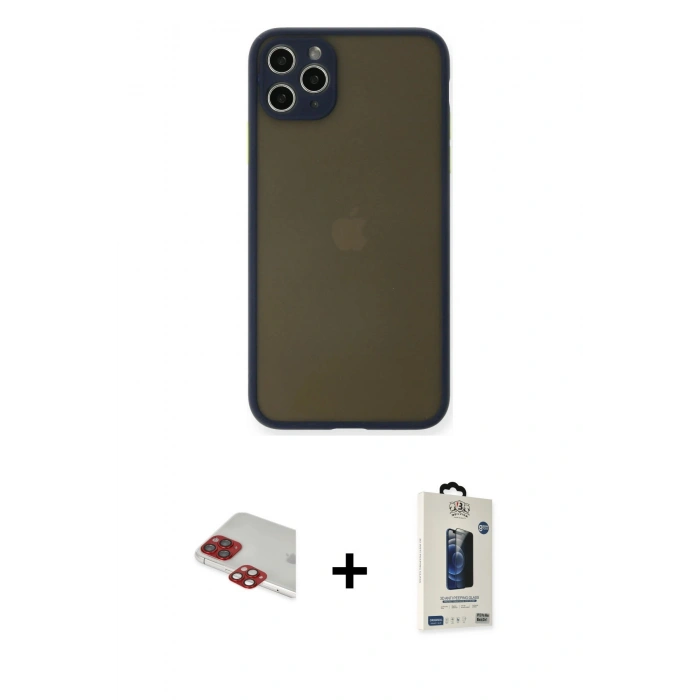 MARSİLYAN™- iPhone 11 Pro Max Kılıf Ahenk Çizgi Serisi - Siyah Bilvis Hayalet Cam Ekran Koruyucu + Pers Alüminyum Kamera Lens - KI