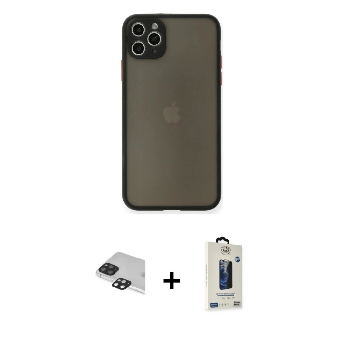 MARSİLYAN™- iPhone 11 Pro Max Kılıf Ahenk Çizgi Serisi - Siyah Bilvis Hayalet Cam Ekran Koruyucu + Pers Alüminyum Kamera Lens - SH