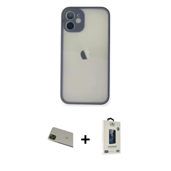 MARSİLYAN™- iPhone 11 Pro Max Kılıf Ahenk Çizgi Serisi - Siyah Bilvis Hayalet Cam Ekran Koruyucu + Rainbow Kamera Lens Koruma Cam - YL