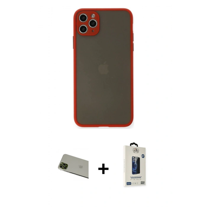MARSİLYAN™- iPhone 11 Pro Max Kılıf Ahenk Çizgi Serisi - Siyah Bilvis Hayalet Cam Ekran Koruyucu + Rainbow Kamera Lens Koruma Cam - YL