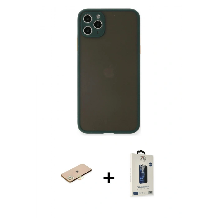 MARSİLYAN™- iPhone 11 Pro Max Kılıf Ahenk Çizgi Serisi - Siyah Bilvis Hayalet Cam Ekran Koruyucu + Renkli Kamera Lens Koruma Cam - SI