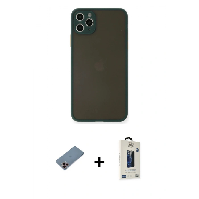 MARSİLYAN™- iPhone 11 Pro Max Kılıf Ahenk Çizgi Serisi - Siyah Bilvis Hayalet Cam Ekran Koruyucu + Shine Kamera Lens Koruma Cam - PE