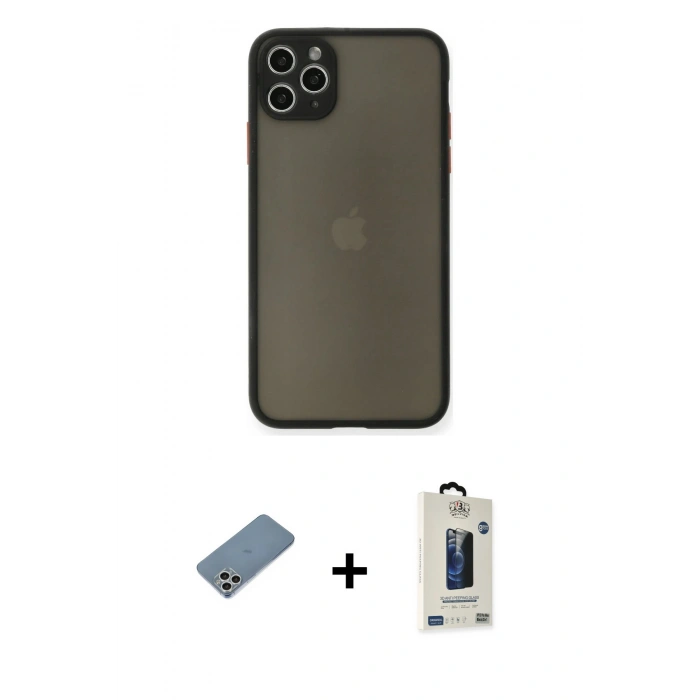 MARSİLYAN™- iPhone 11 Pro Max Kılıf Ahenk Çizgi Serisi - Siyah Bilvis Hayalet Cam Ekran Koruyucu + Shine Kamera Lens Koruma Cam - GS