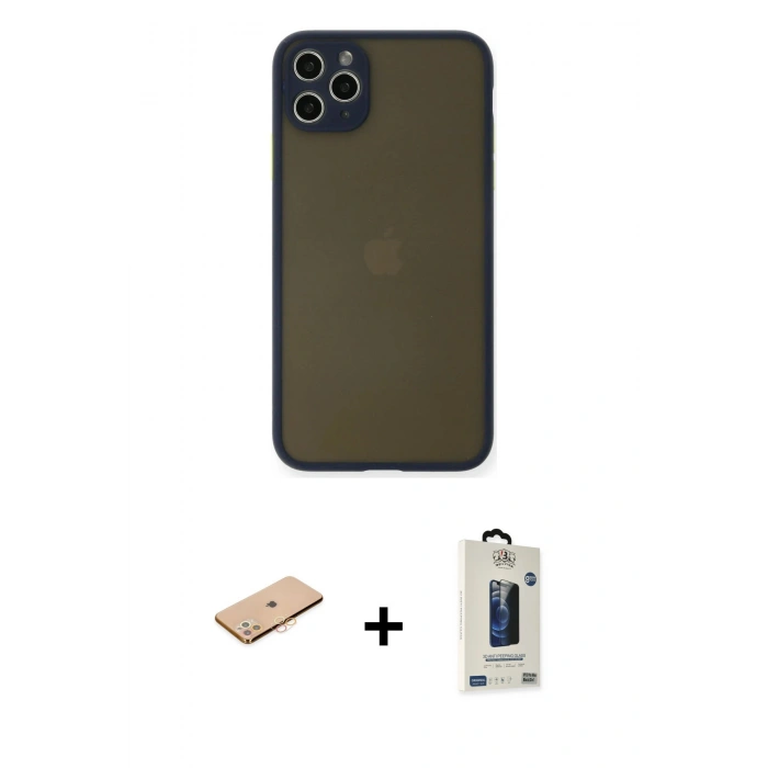 MARSİLYAN™- iPhone 11 Pro Max Kılıf Ahenk Çizgi Serisi - Siyah Bilvis Hayalet Cam Ekran Koruyucu + Turuncu Renkli Kamera Lens Koruma Cam