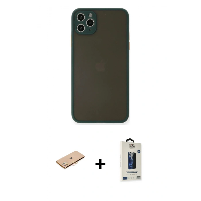 MARSİLYAN™- iPhone 11 Pro Max Kılıf Ahenk Çizgi Serisi - Siyah Bilvis Hayalet Cam Ekran Koruyucu + Turuncu Renkli Kamera Lens Koruma Cam