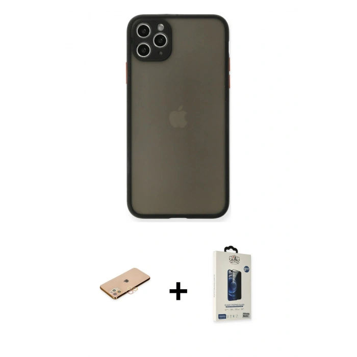 MARSİLYAN™- iPhone 11 Pro Max Kılıf Ahenk Çizgi Serisi - Siyah Bilvis Hayalet Cam Ekran Koruyucu + Turuncu Renkli Kamera Lens Koruma Cam