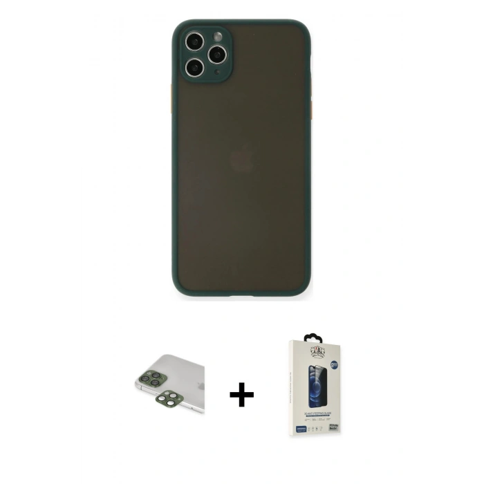 MARSİLYAN™- iPhone 11 Pro Max Kılıf Ahenk Çizgi Serisi - Siyah Bilvis Hayalet Cam Ekran Koruyucu + Pers Alüminyum Kamera Lens - YL