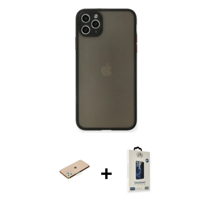 MARSİLYAN™- iPhone 11 Pro Max Kılıf Ahenk Çizgi Serisi - Siyah Bilvis Hayalet Cam Ekran Koruyucu + Renkli Kamera Lens Koruma Cam - YL