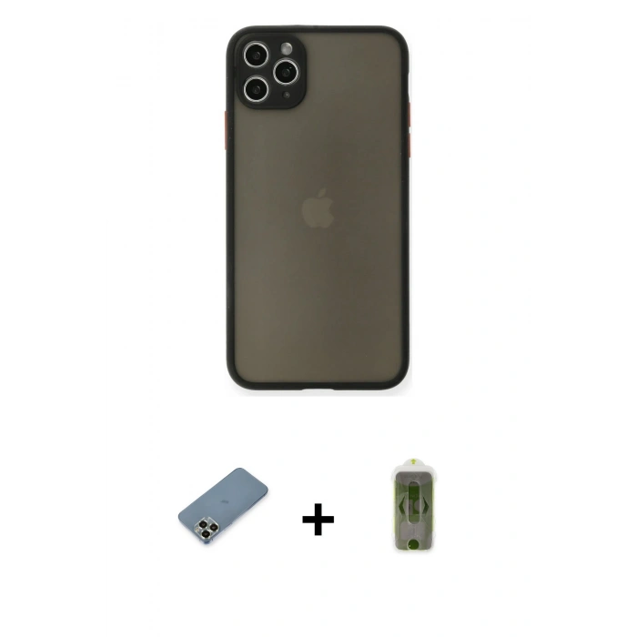 MARSİLYAN™- iPhone 11 Pro Max Kılıf Ahenk Çizgi Serisi - Siyah Joko Magic 5D Hayalet Cam + Açık Yeşil Metal Kamera Lens Koruma Cam