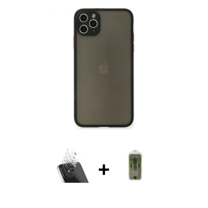 MARSİLYAN™- iPhone 11 Pro Max Kılıf Ahenk Çizgi Serisi - Siyah Joko Magic 5D Hayalet Cam + Kamera Lens Koruma Cam - SF