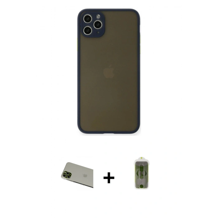 MARSİLYAN™- iPhone 11 Pro Max Kılıf Ahenk Çizgi Serisi - Siyah Joko Magic 5D Hayalet Cam + Rainbow Kamera Lens Koruma Cam - YL