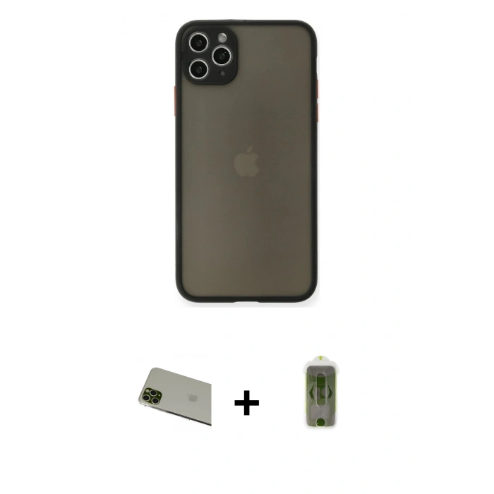 MARSİLYAN™- iPhone 11 Pro Max Kılıf Ahenk Çizgi Serisi - Siyah Joko Magic 5D Hayalet Cam + Rainbow Kamera Lens Koruma Cam - YL