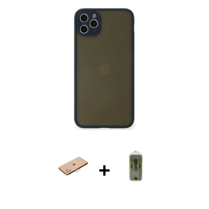 MARSİLYAN™- iPhone 11 Pro Max Kılıf Ahenk Çizgi Serisi - Siyah Joko Magic 5D Hayalet Cam + Renkli Kamera Lens Koruma Cam - PE