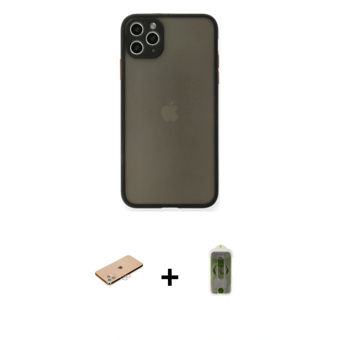 MARSİLYAN™- iPhone 11 Pro Max Kılıf Ahenk Çizgi Serisi - Siyah Joko Magic 5D Hayalet Cam + Renkli Kamera Lens Koruma Cam - PE