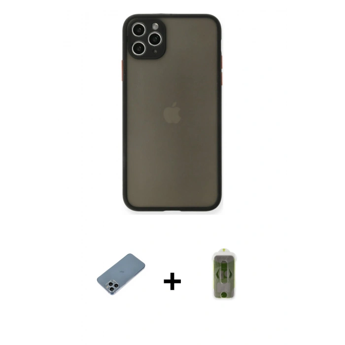 MARSİLYAN™- iPhone 11 Pro Max Kılıf Ahenk Çizgi Serisi - Siyah Joko Magic 5D Hayalet Cam + Shine Kamera Lens Koruma Cam - SABE