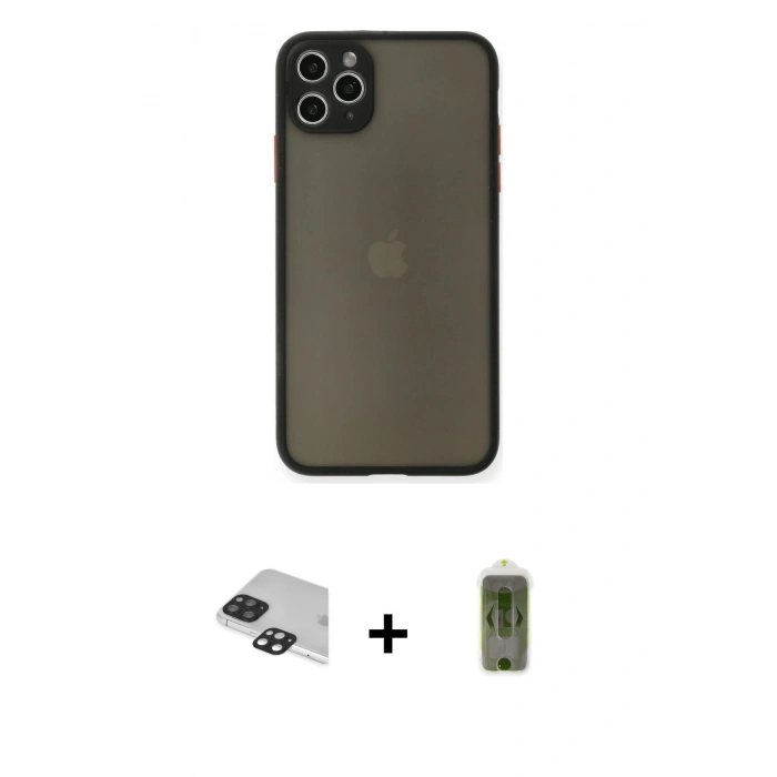 MARSİLYAN™- iPhone 11 Pro Max Kılıf Ahenk Çizgi Serisi - Siyah Joko Magic 5D Hayalet Cam + Pers Alüminyum Kamera Lens - SH