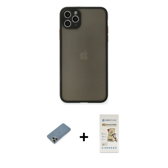 MARSİLYAN™- iPhone 11 Pro Max Kılıf Ahenk Çizgi Serisi - Siyah Mat Seramik Nano Ekran Koruyucu + Metal Kamera Lens Koruma Cam - AKYL