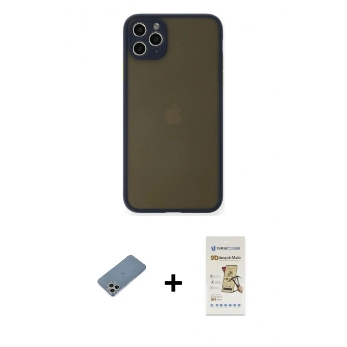 MARSİLYAN™- iPhone 11 Pro Max Kılıf Ahenk Çizgi Serisi - Siyah Mat Seramik Nano Ekran Koruyucu + Shine Kamera Lens Koruma Cam - GS