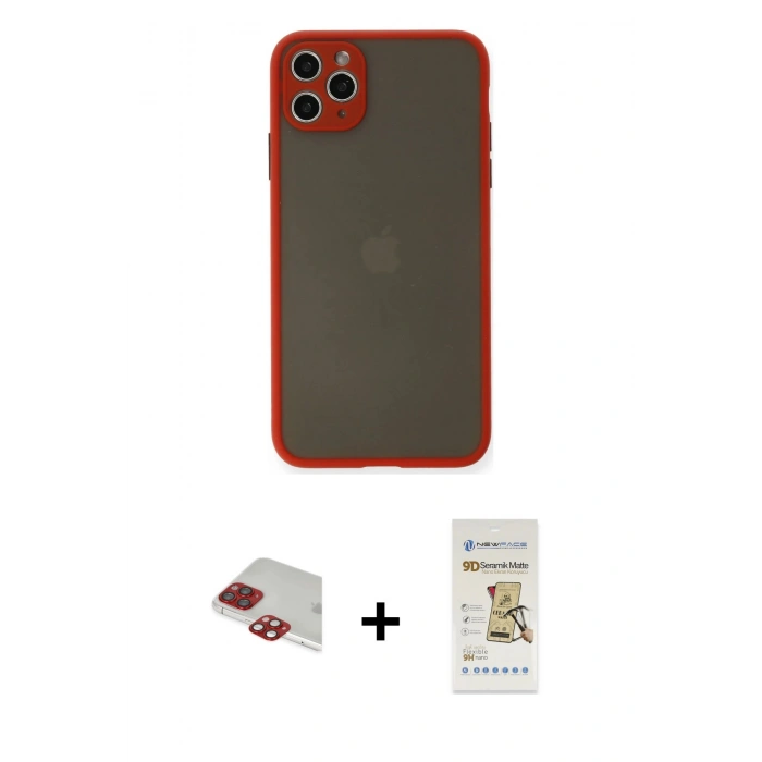MARSİLYAN™- iPhone 11 Pro Max Kılıf Ahenk Çizgi Serisi - Siyah Mat Seramik Nano Ekran Koruyucu + Pers Alüminyum Kamera Lens - KI