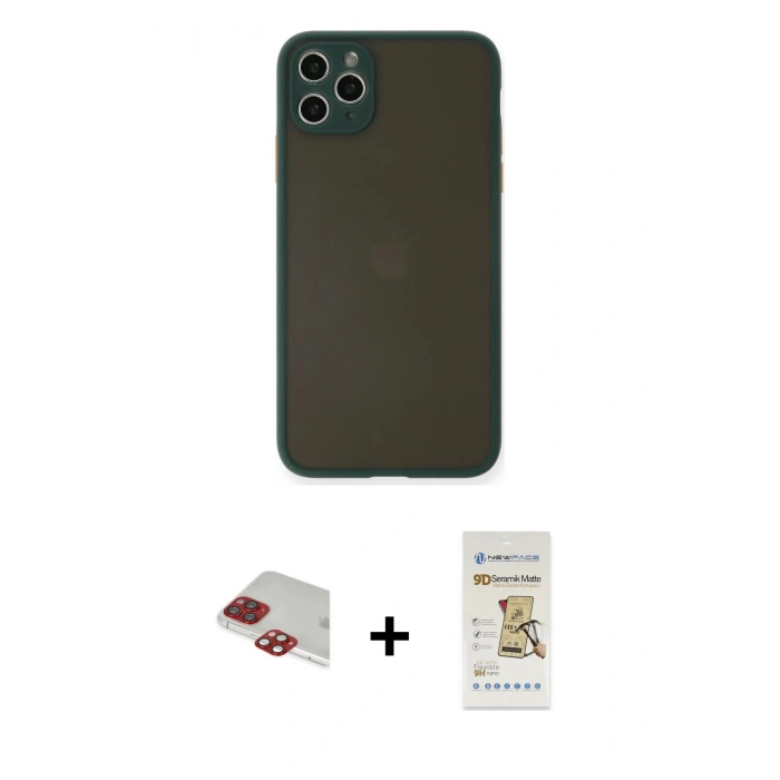 MARSİLYAN™- iPhone 11 Pro Max Kılıf Ahenk Çizgi Serisi - Siyah Mat Seramik Nano Ekran Koruyucu + Pers Alüminyum Kamera Lens - KI