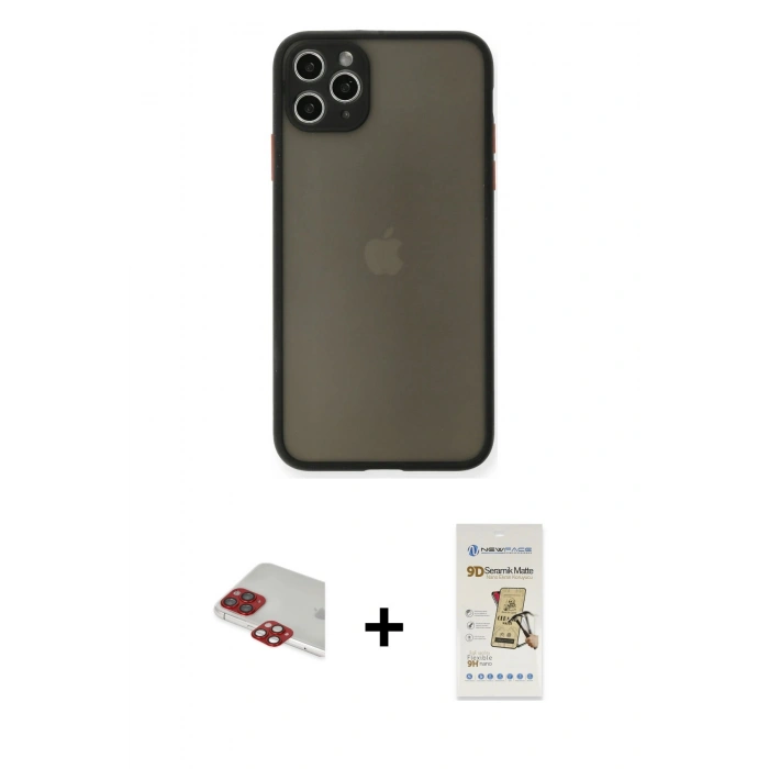 MARSİLYAN™- iPhone 11 Pro Max Kılıf Ahenk Çizgi Serisi - Siyah Mat Seramik Nano Ekran Koruyucu + Pers Alüminyum Kamera Lens - KI