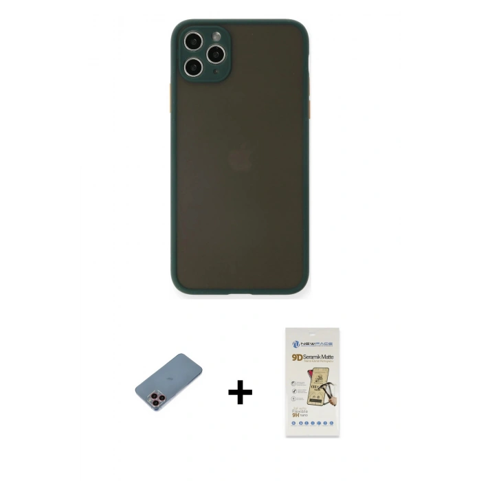 MARSİLYAN™- iPhone 11 Pro Max Kılıf Ahenk Çizgi Serisi - Siyah Mat Seramik Nano Ekran Koruyucu + Pembe Shine Kamera Lens Koruma Cam