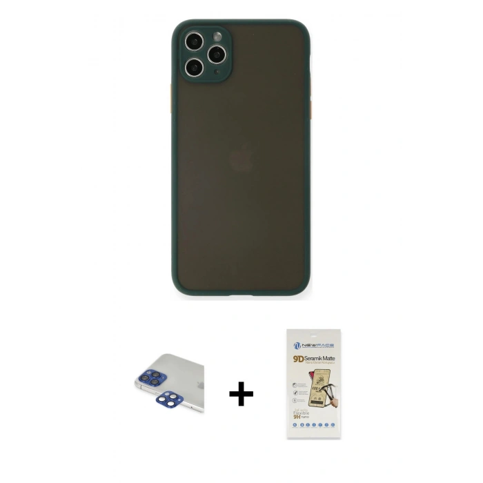 MARSİLYAN™- iPhone 11 Pro Max Kılıf Ahenk Çizgi Serisi - Siyah Mat Seramik Nano Ekran Koruyucu + Pers Alüminyum Kamera Lens - LT