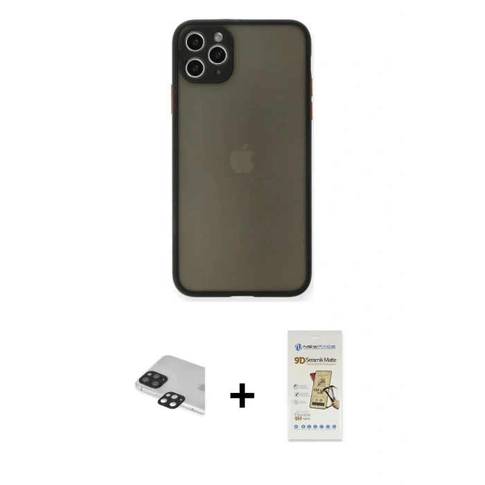 MARSİLYAN™- iPhone 11 Pro Max Kılıf Ahenk Çizgi Serisi - Siyah Mat Seramik Nano Ekran Koruyucu + Pers Alüminyum Kamera Lens - SH