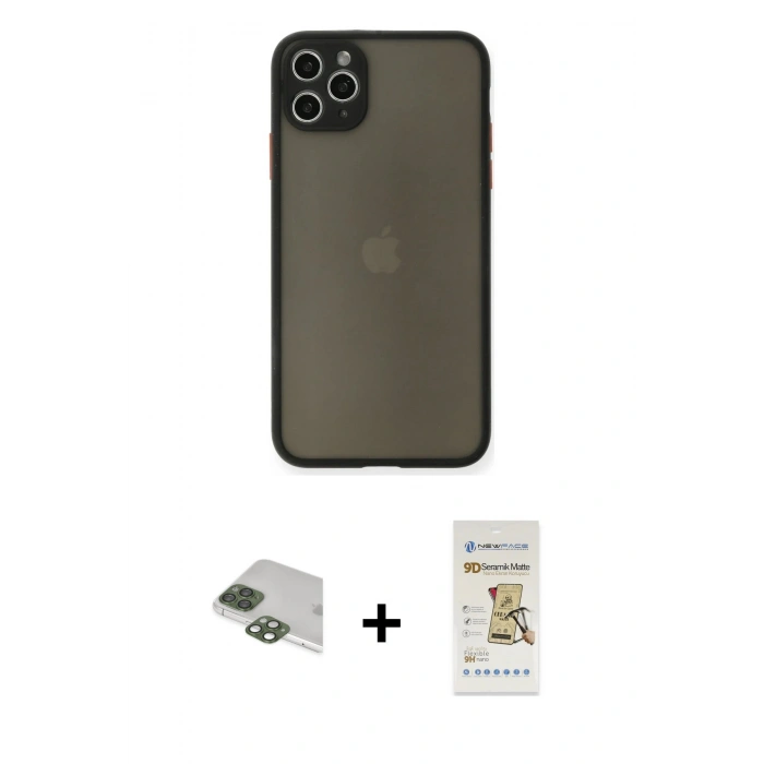 MARSİLYAN™- iPhone 11 Pro Max Kılıf Ahenk Çizgi Serisi - Siyah Mat Seramik Nano Ekran Koruyucu + Pers Alüminyum Kamera Lens - YL