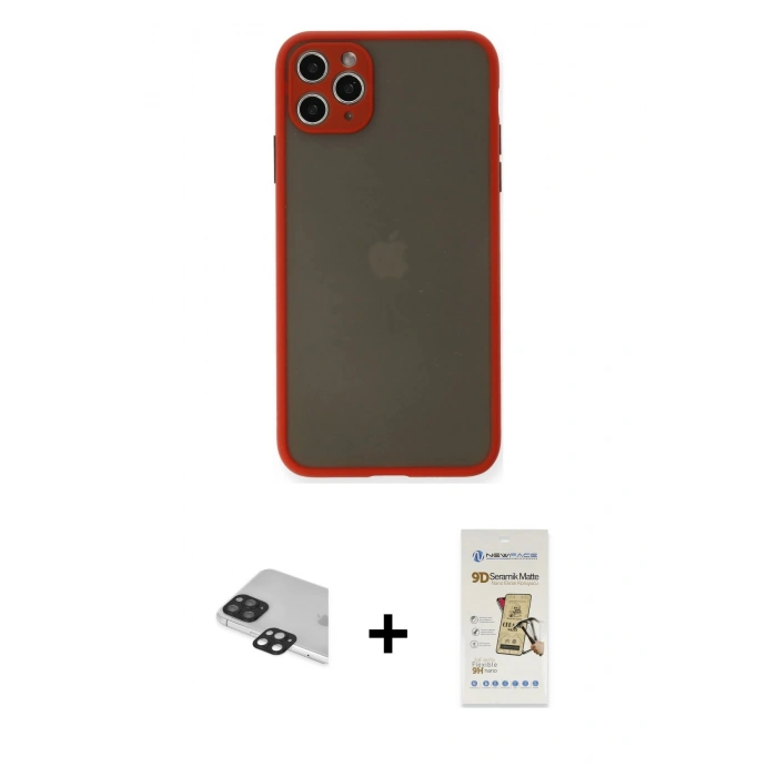 MARSİLYAN™- iPhone 11 Pro Max Kılıf Ahenk Çizgi Serisi - Siyah Mat Seramik Nano Ekran Koruyucu + Pers Alüminyum Kamera Lens - SH