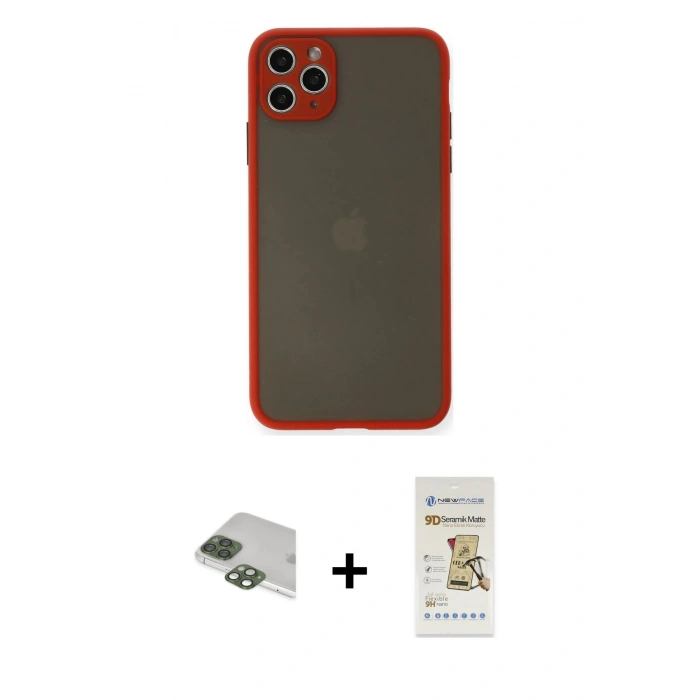 MARSİLYAN™- iPhone 11 Pro Max Kılıf Ahenk Çizgi Serisi - Siyah Mat Seramik Nano Ekran Koruyucu + Pers Alüminyum Kamera Lens - YL