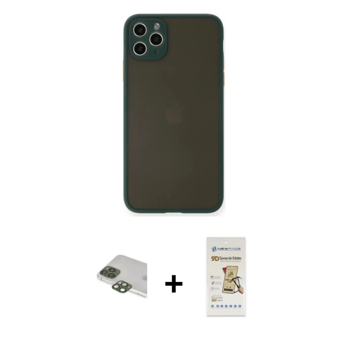 MARSİLYAN™- iPhone 11 Pro Max Kılıf Ahenk Çizgi Serisi - Siyah Mat Seramik Nano Ekran Koruyucu + Pers Alüminyum Kamera Lens - YL