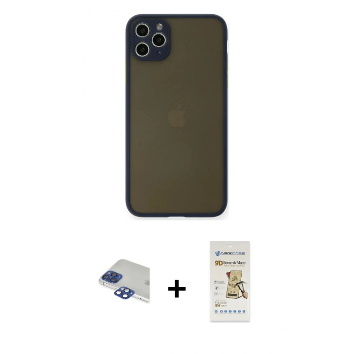 MARSİLYAN™- iPhone 11 Pro Max Kılıf Ahenk Çizgi Serisi - Siyah Mat Seramik Nano Ekran Koruyucu + Pers Alüminyum Kamera Lens - LT