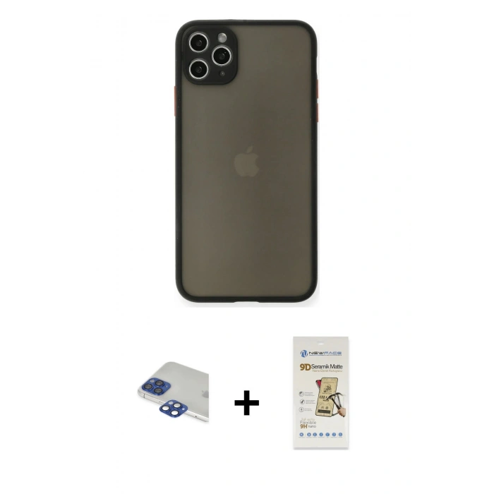 MARSİLYAN™- iPhone 11 Pro Max Kılıf Ahenk Çizgi Serisi - Siyah Mat Seramik Nano Ekran Koruyucu + Pers Alüminyum Kamera Lens - LT
