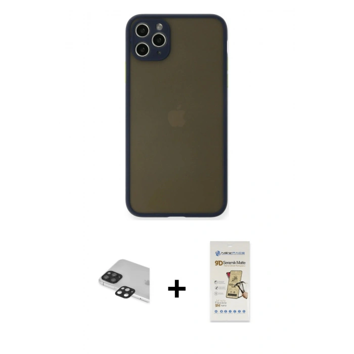 MARSİLYAN™- iPhone 11 Pro Max Kılıf Ahenk Çizgi Serisi - Siyah Mat Seramik Nano Ekran Koruyucu + Pers Alüminyum Kamera Lens - SH