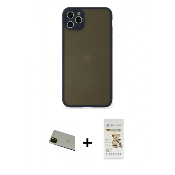 MARSİLYAN™- iPhone 11 Pro Max Kılıf Ahenk Çizgi Serisi - Siyah Mat Seramik Nano Ekran Koruyucu + Rainbow Kamera Lens Koruma Cam - YL