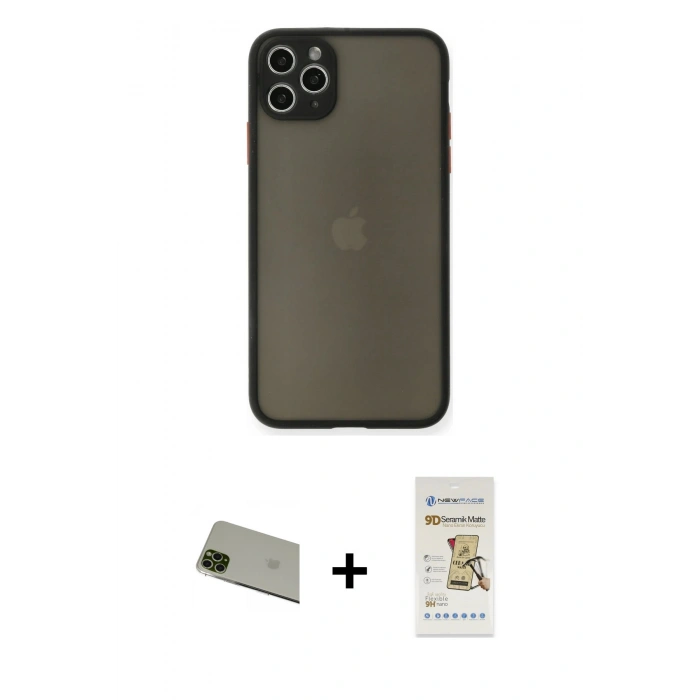 MARSİLYAN™- iPhone 11 Pro Max Kılıf Ahenk Çizgi Serisi - Siyah Mat Seramik Nano Ekran Koruyucu + Rainbow Kamera Lens Koruma Cam - YL