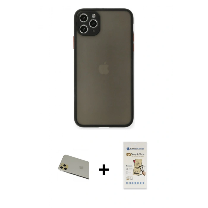 MARSİLYAN™- iPhone 11 Pro Max Kılıf Ahenk Çizgi Serisi - Siyah Mat Seramik Nano Ekran Koruyucu + Rainbow Kamera Lens Koruma Cam - GD