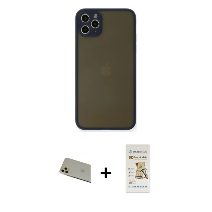 MARSİLYAN™- iPhone 11 Pro Max Kılıf Ahenk Çizgi Serisi - Siyah Mat Seramik Nano Ekran Koruyucu + Rainbow Kamera Lens Koruma Cam - GD